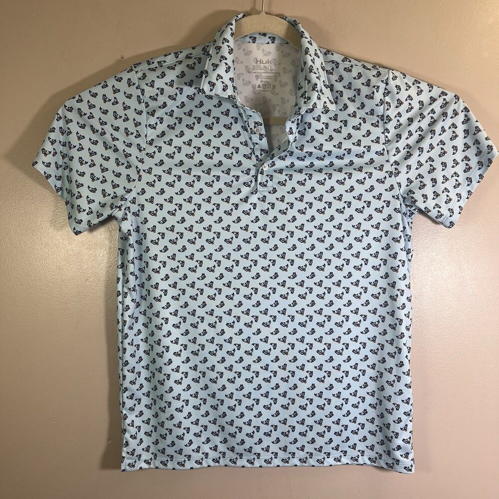 Huk Polo Shirt Mens Large Blue Fish Bass All Over Print Performance Golf Outdoor